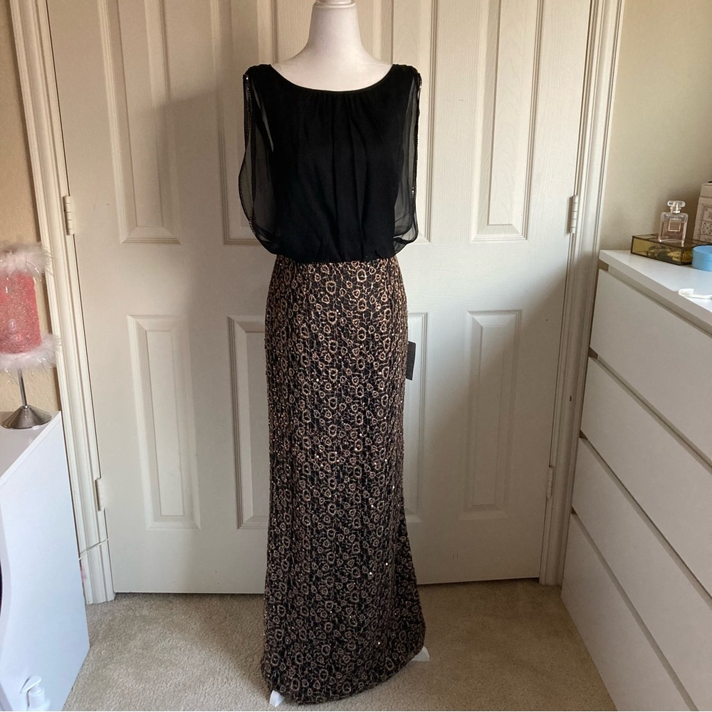 NWT Aidan Mattox silk maxi Dress beautiful gold beading embroidery sz 4 - Picture 7 of 16